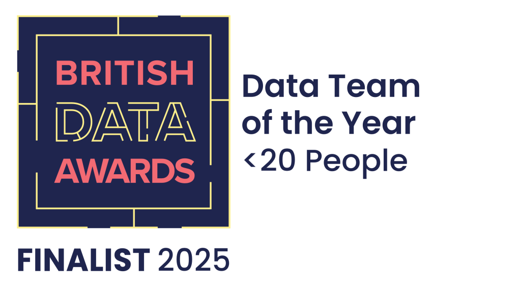 British Data Awards graphic with colorful title on left and finalist category text on right reading “Data Team of the Year